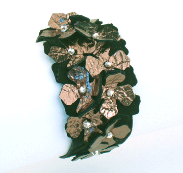 Platinum suede flower cuff bracelet with gold-plated beads