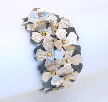 Gunmetal suede flower cuff bracelet with silver-plated beads