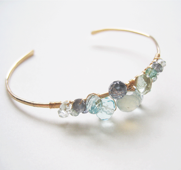 Blue quartz and green chalcedony gemstone cluster cuff bracelet