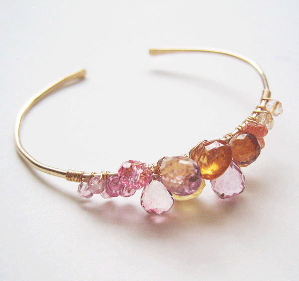 Pink quartz, citrine and sunstone gemstone cluster cuff bracelet