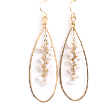 Gold Long Teardrop And Keishi Pearl Earrings