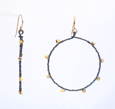 Blackened Silver Hoop With Gold Beads Earrings