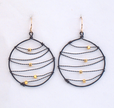 Blackened Silver Hoop With Web And Gold Beads Earrings