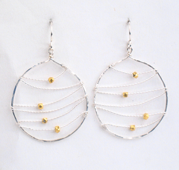 Hammered Silver Hoop With Web And Gold Beads Earrings